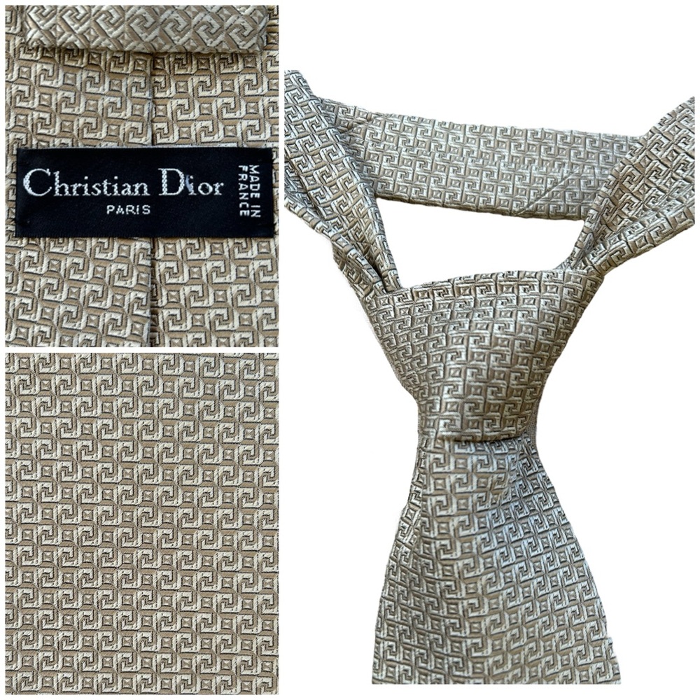 Christian Dior Men's Neck Tie Luxury Silk Hand Made Gold Jacquard Preppy